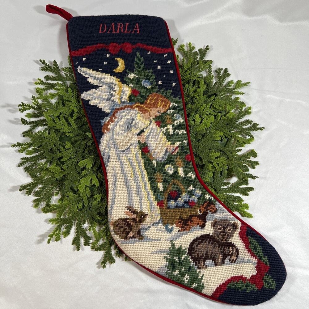 Vintage Lands' End Angel Bunny Bear DARLA Christmas Wool Needlepoint Stocking